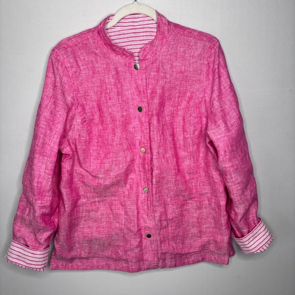 Chicos Reversible Linen Jacket Size 2/12-14 Pink White Striped Snap Classic - Picture 8 of 13